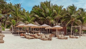 Ein Strandhotel mit Liegestühlen, Reetdachschirmen und Palmen.
