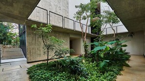 Ein Innenhof mit einer Betonkonstruktion, einer Treppe und üppigem Grün.