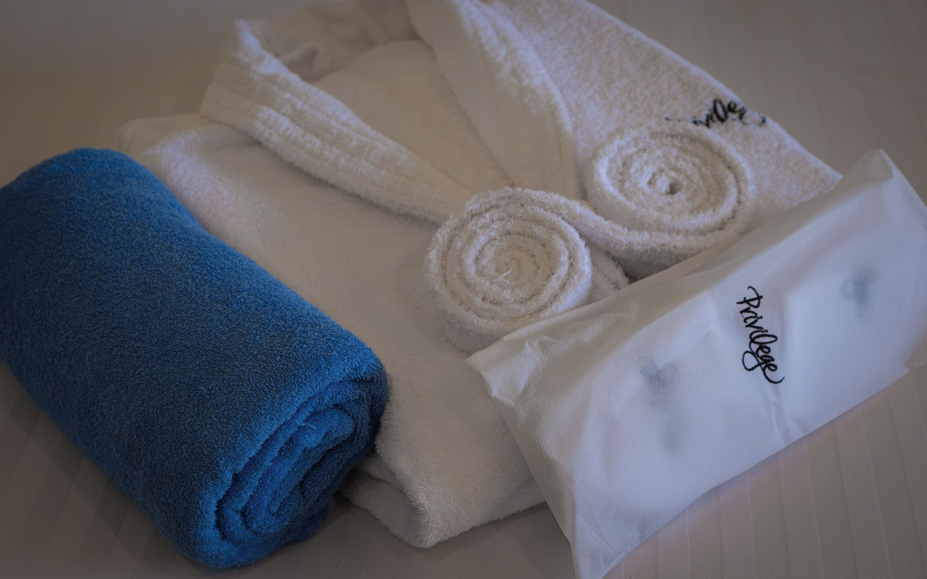 Un ensemble de serviettes soigneusement pliées, une bleue et deux blanches, les serviettes blanches étant ornées d’un texte brodé.