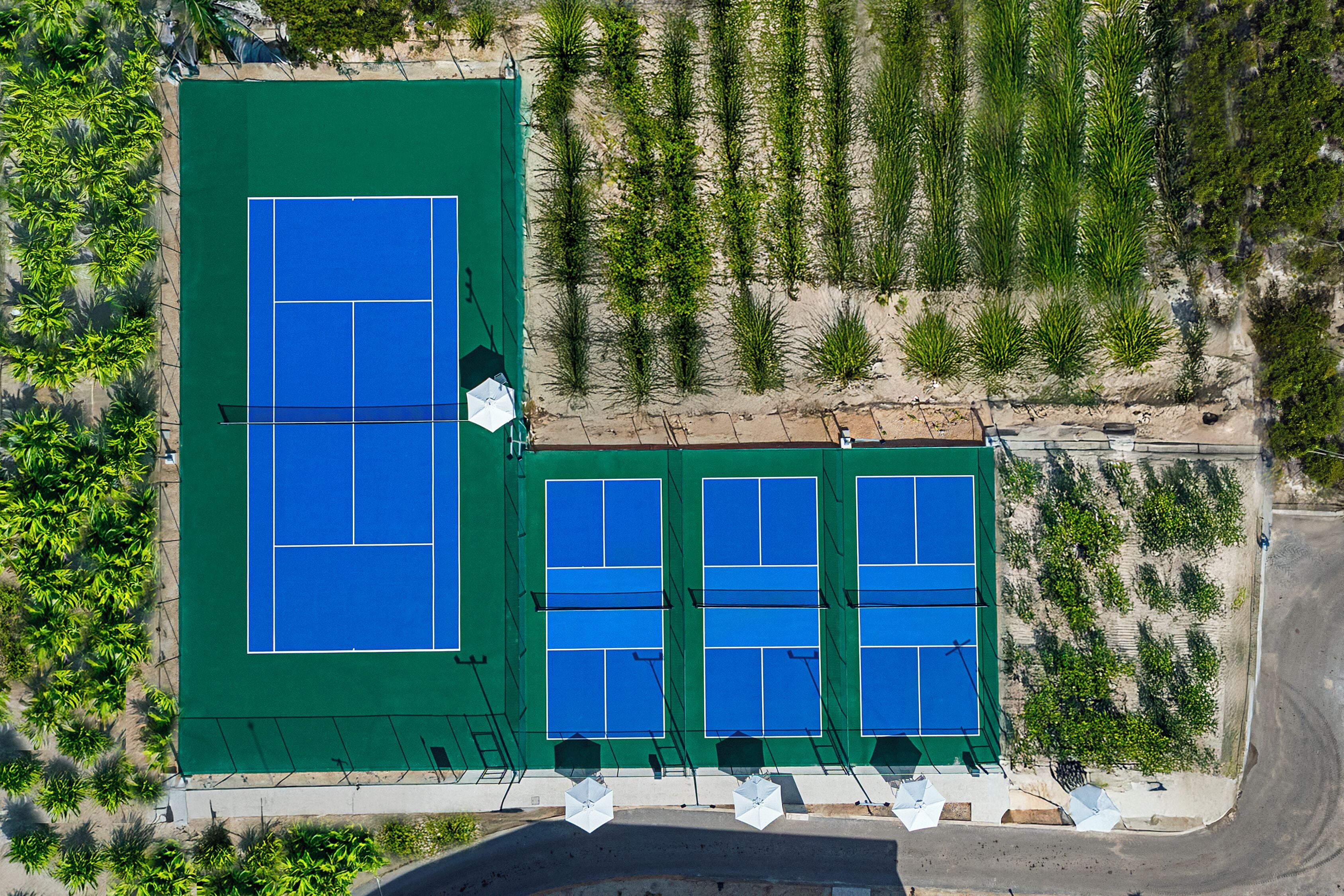 Vista aérea de un complejo de canchas de tenis con varias pistas, rodeado de vegetación y una carretera.