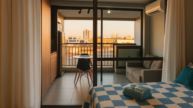 Een hotelkamer met balkon, een bed met geruit beddegoed, een tafeltje en een stoel.