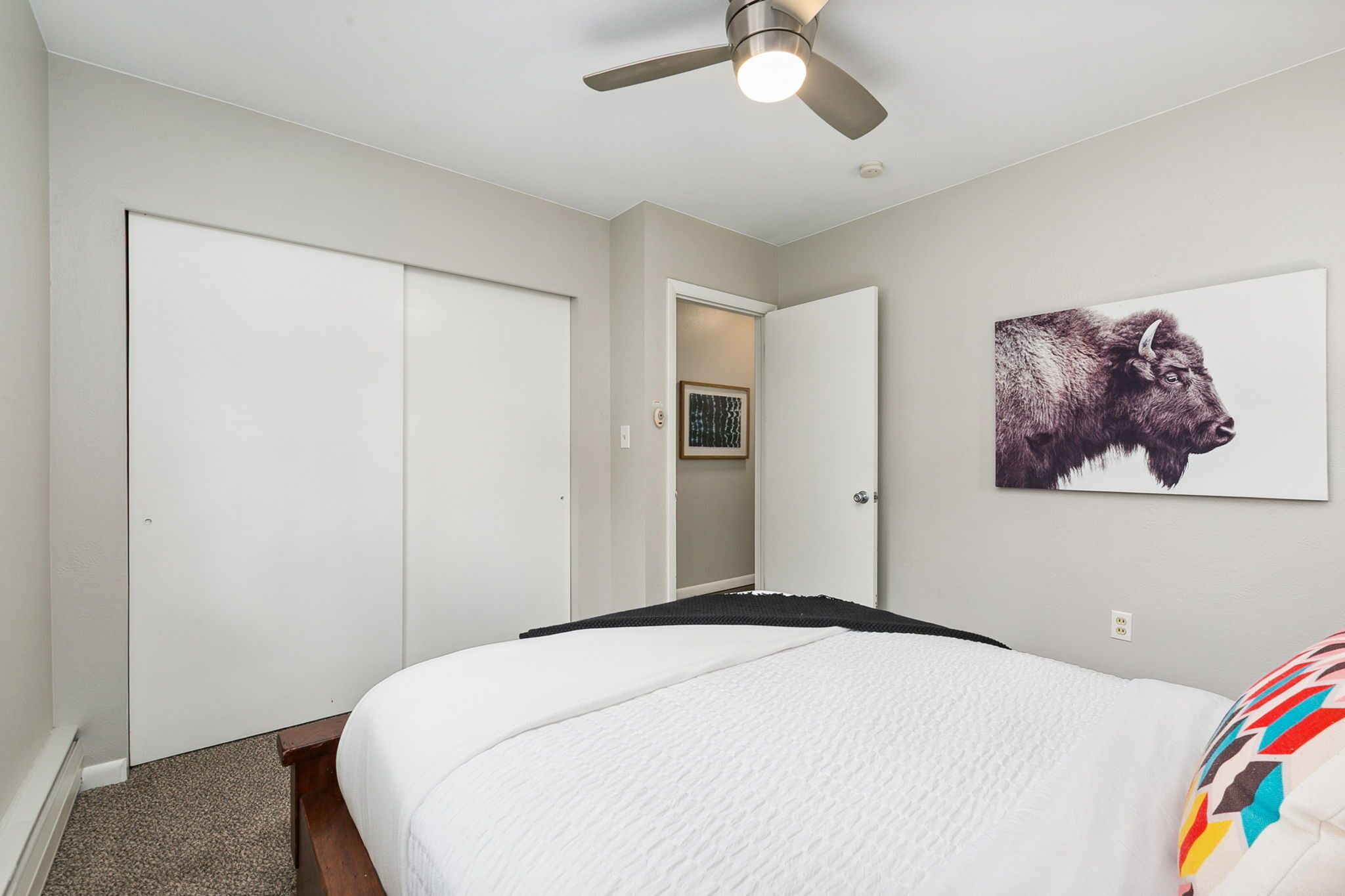 A bedroom with a bed, a ceiling fan, a door, and a wall-mounted picture of a bison.