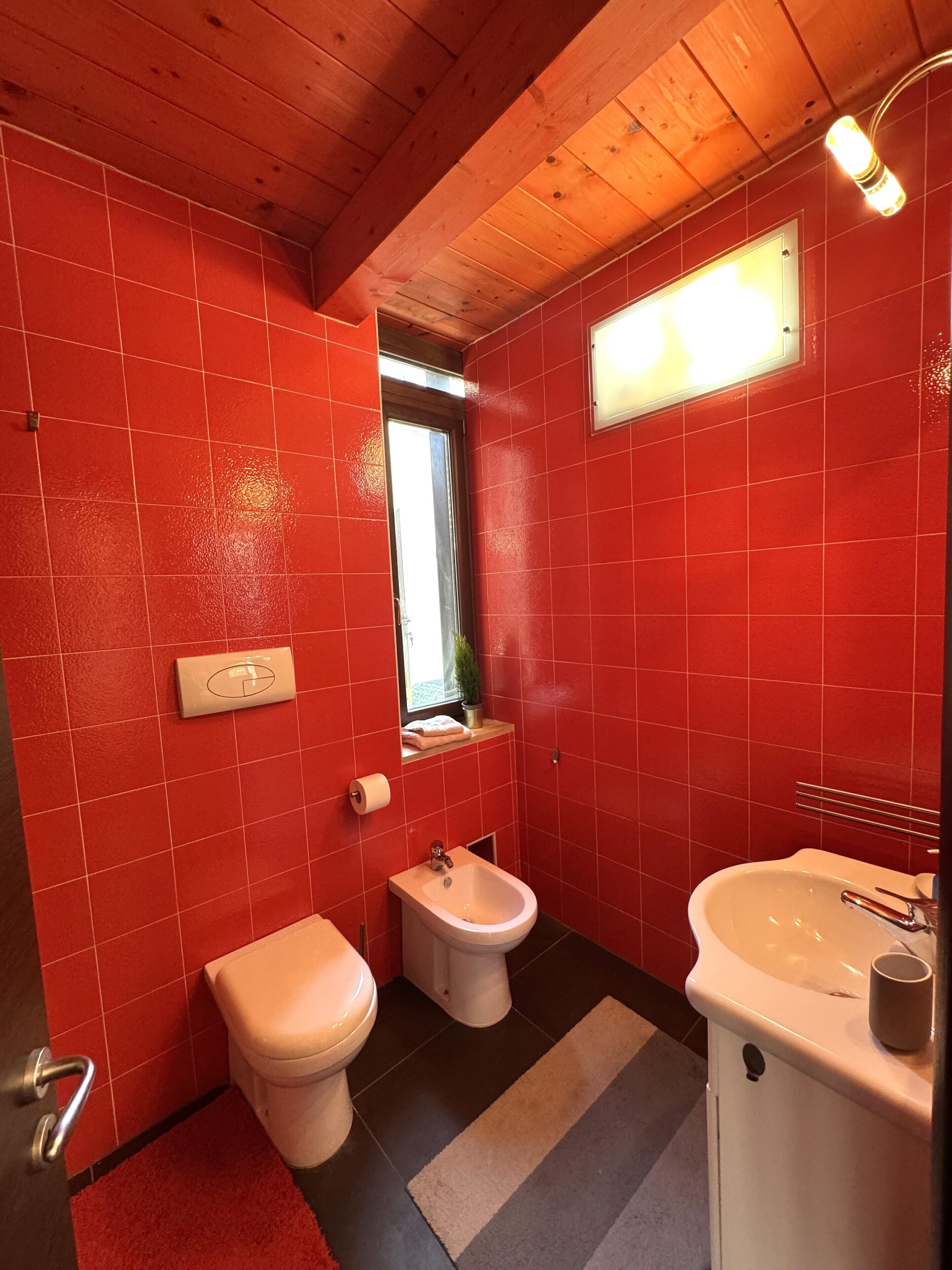 A bathroom with red tiles, a toilet, bidet, sink, and a window with a plant.