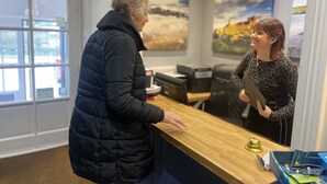 Een receptiegedeelte met een houten balie, een bel en een raam met uitzicht op een landschap.