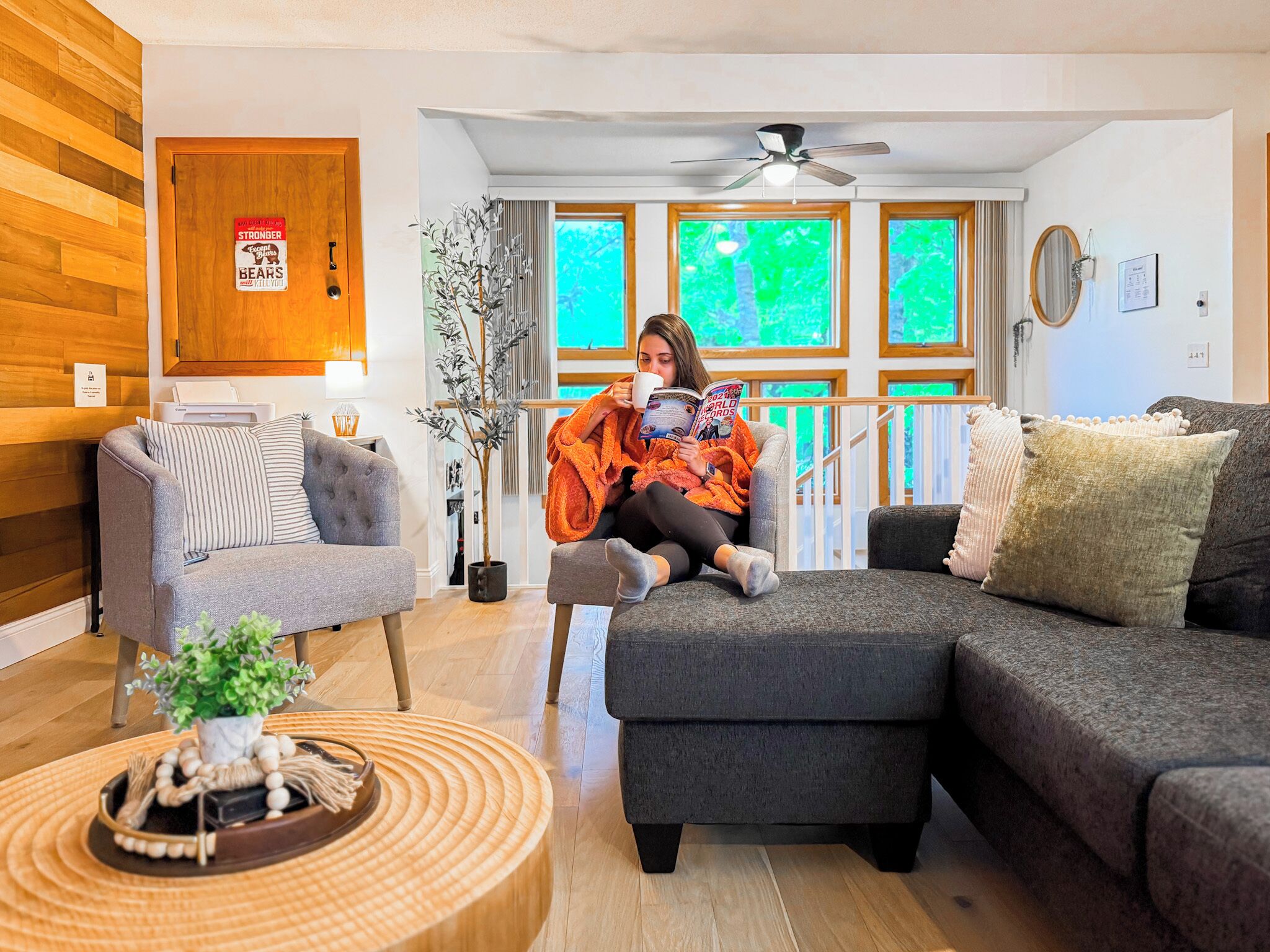 Smart TV, fireplace, books, printers