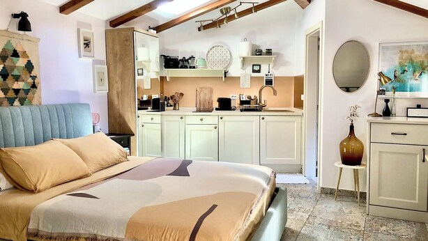 Une chambre avec un lit, une petite kitchenette et une salle de bain.