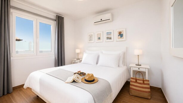 Habitación de hotel con cama, dos mesitas de noche, ventana con cortinas, unidad de aire acondicionado y cuadros en la pared.
