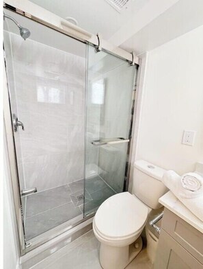 Douche, serviettes fournies, savon, papier toilette