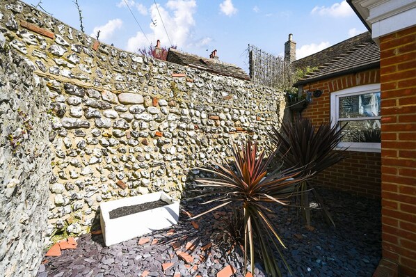 A stone wall with a plant in the foreground. - Host Stay Blue Bolthole on Vicarage Lane (Brighton)