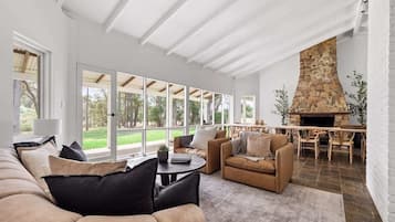 TV, fireplace, books