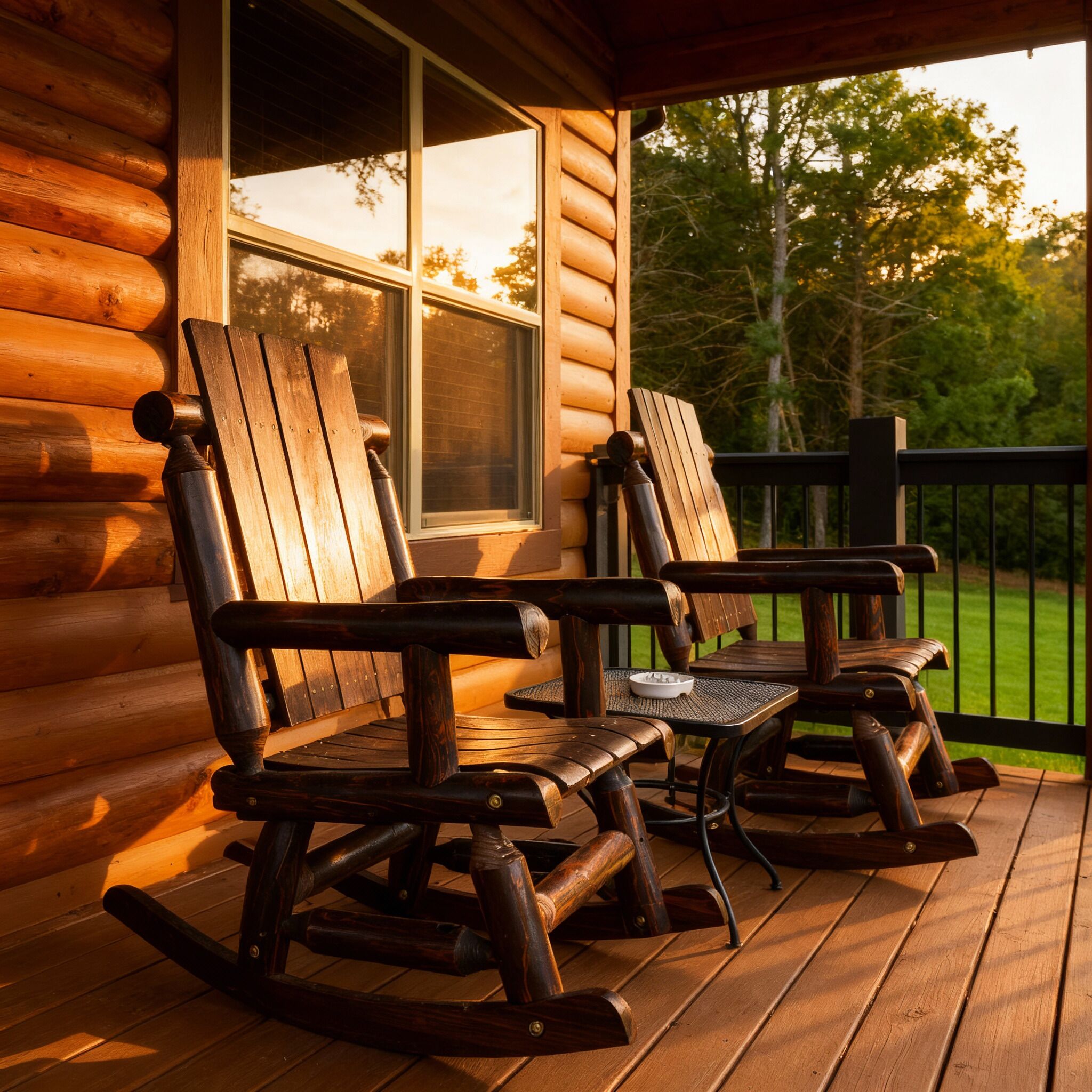 A wooden rocking chair and a table on a porch with a view of trees and a window.