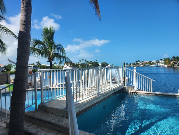 A pool area with a white railing, palm trees, and a view of the water. - Palm Tree Cove Resort  (Marathon)
