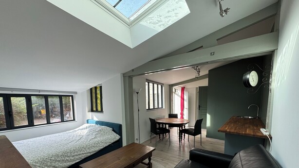 A modern living room with a skylight, a sofa, a wooden table, and a dining area with chairs. - Detached house with secure parking  (Vétheuil)