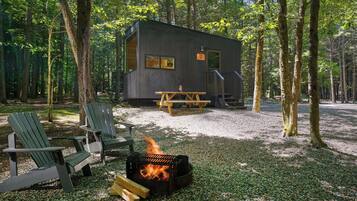 A cabin with a fire pit, two Adirondack chairs, and a picnic table in a forest setting.