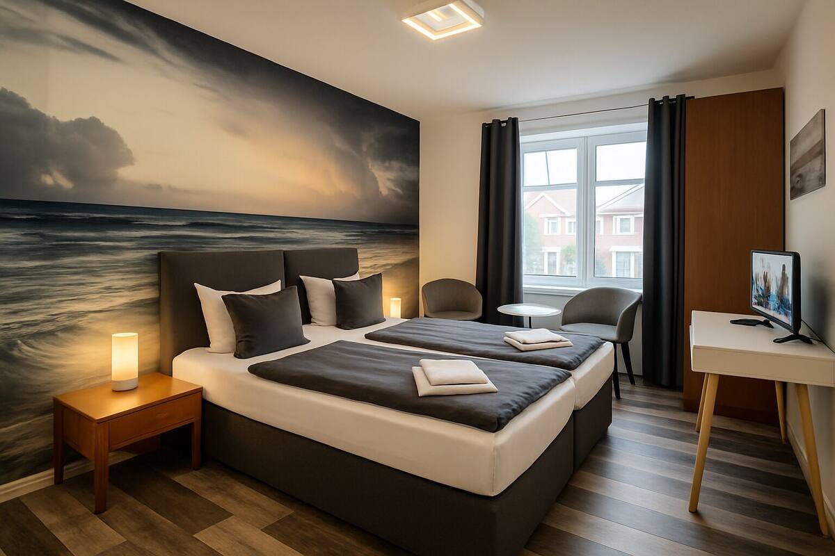A hotel room with a large bed, two bedside tables, a desk, and a view of the sea through the window.