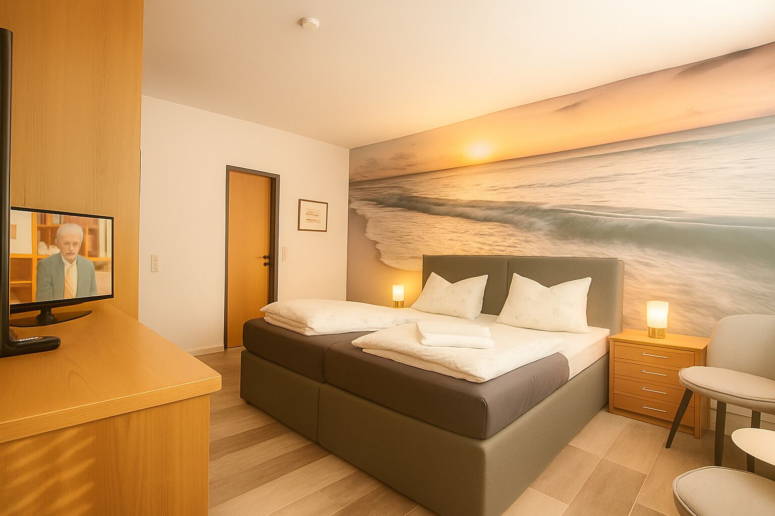 A hotel room with a bed, bedside tables, a desk with a television, and a painting of a sunset over the ocean.