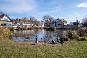 A serene lakeside scene with a row of houses and a small dock. - Host Stay Olde Place Cottage (Brighton)