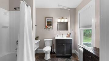 A bathroom with a shower, toilet, vanity, and a window.