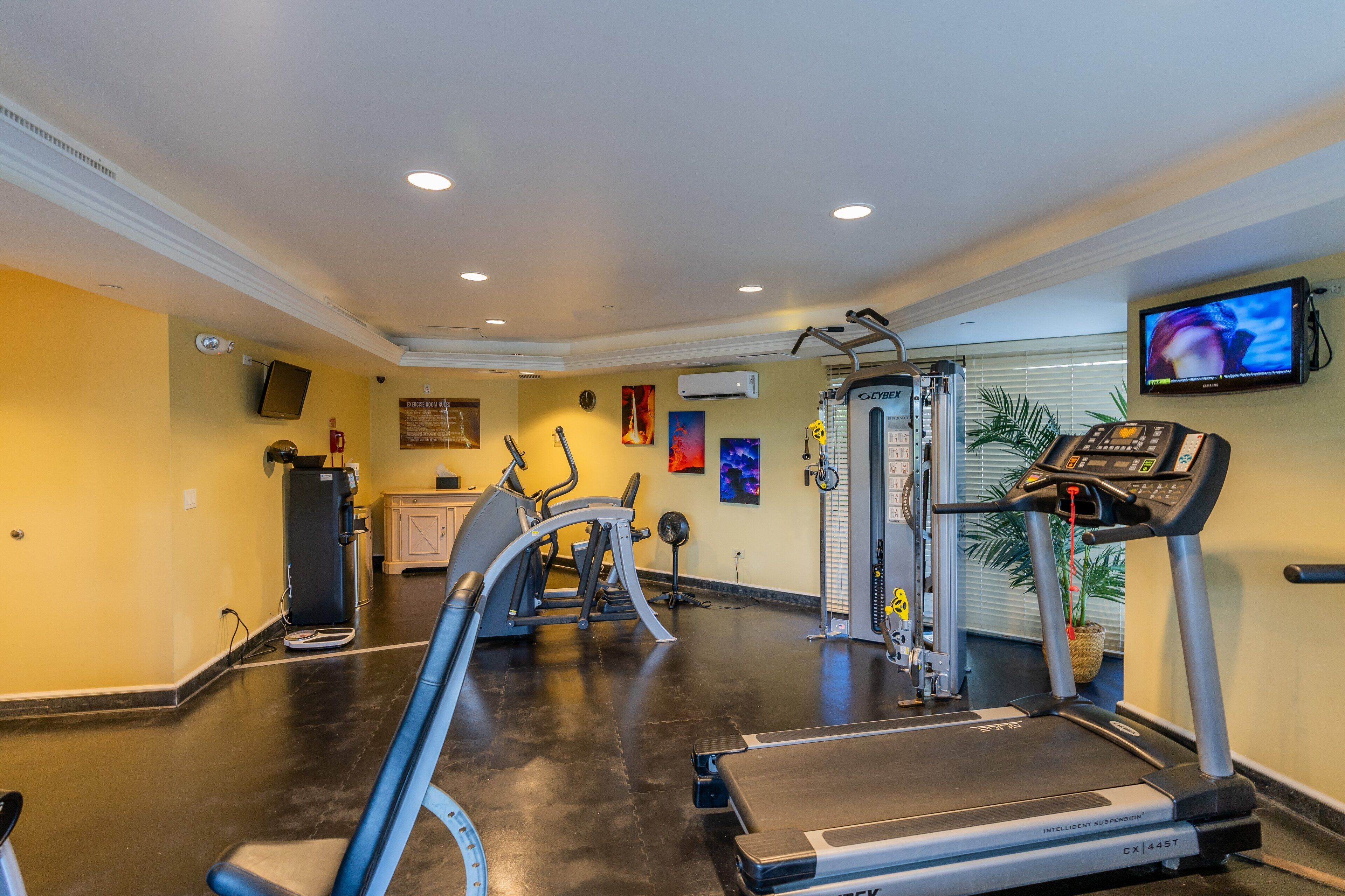Une salle de sport équipée de machines de cardio, d’un tapis de course et d’un téléviseur fixé au mur.
