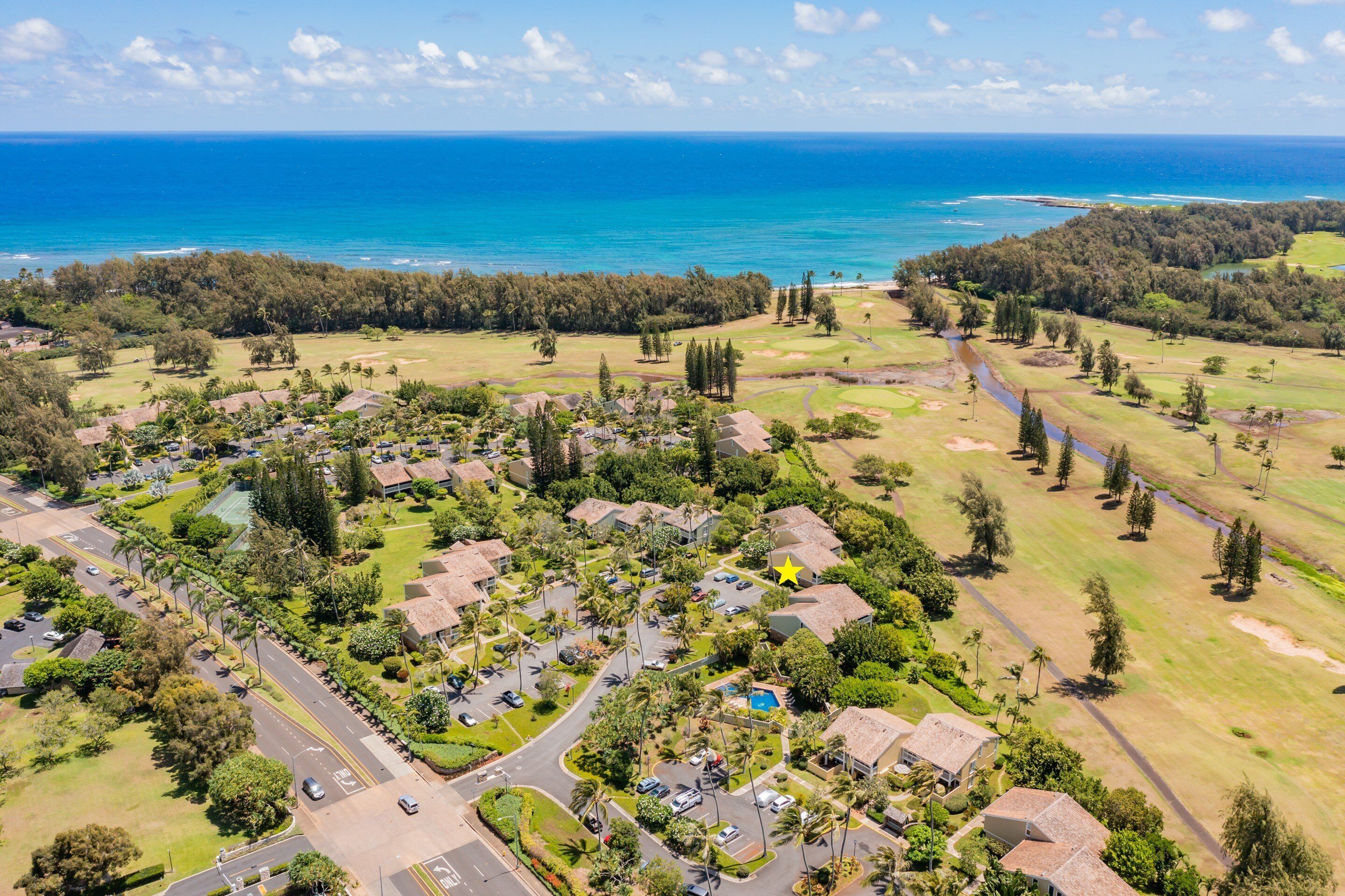 An aerial view of a coastal residential area with houses, roads, and a beach.