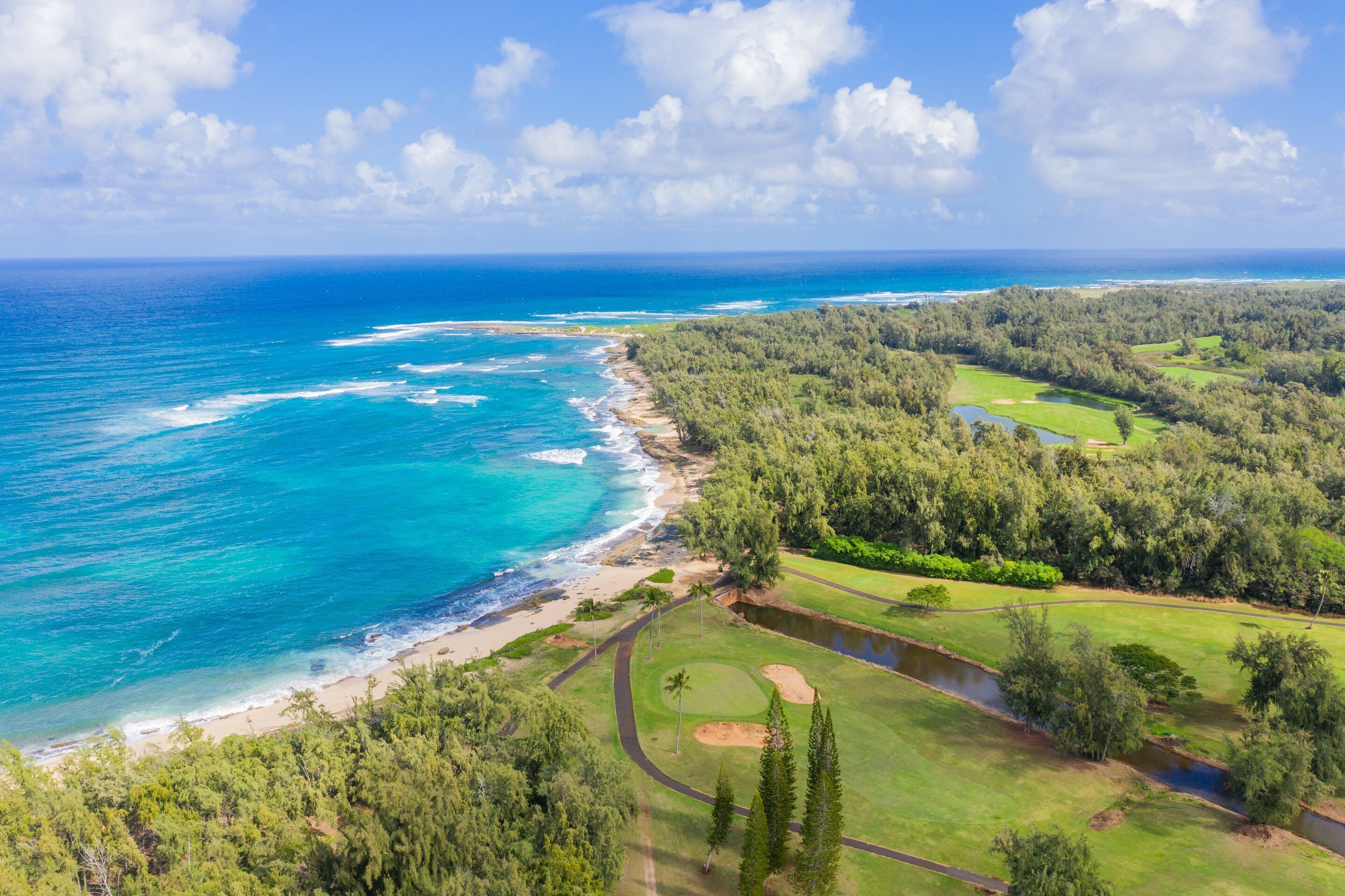 A coastal landscape with a beach, forested area, and golf course.