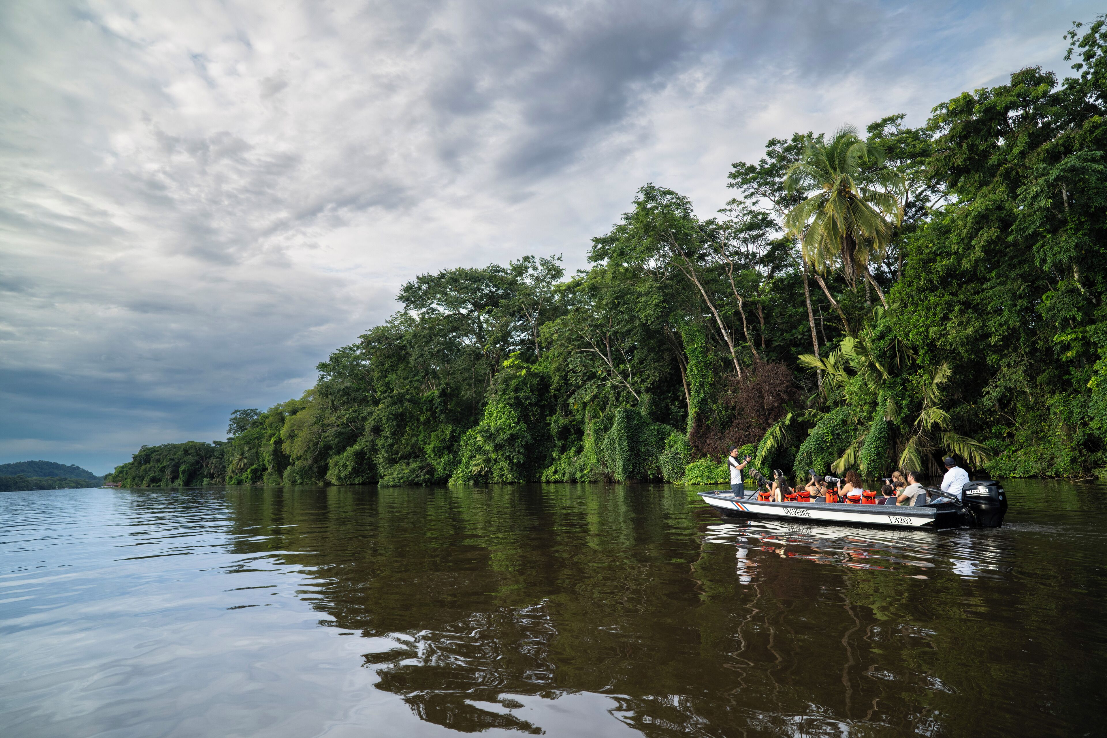 A boat tour on a river surrounded by dense greenery and trees.