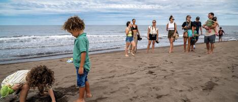 A sandy beach with people walking and a child playing in the sand.