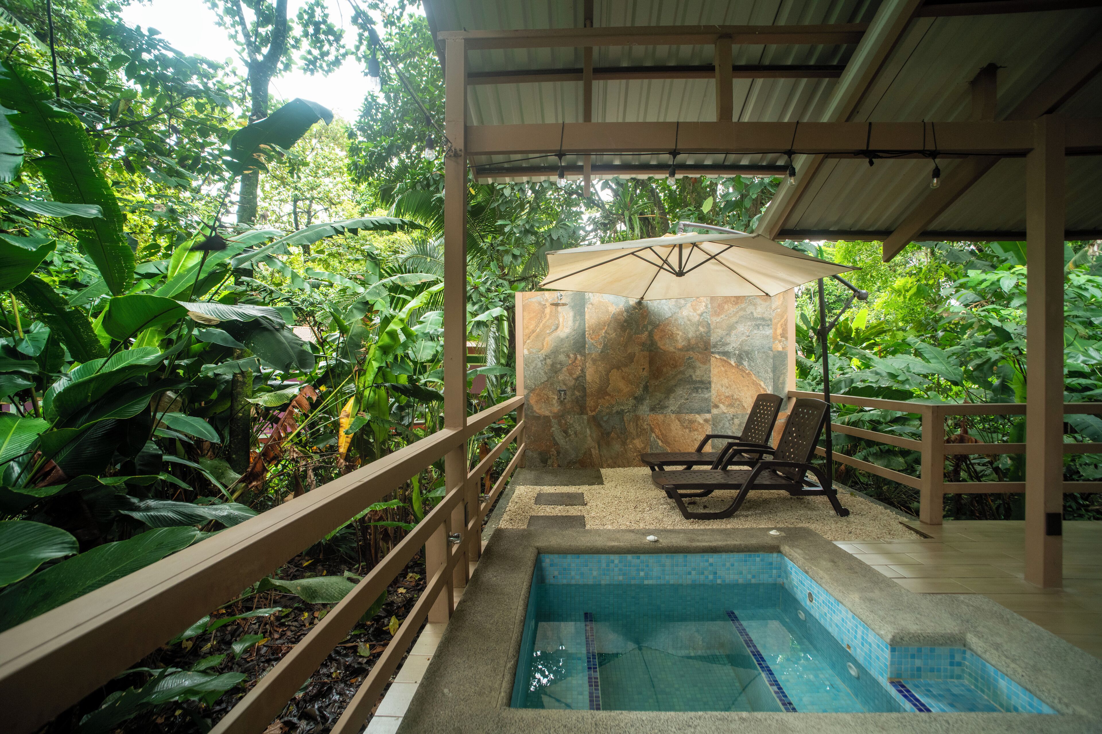 Zona de piscina al aire libre con muro de piedra, cubierta de madera y abundante vegetación.