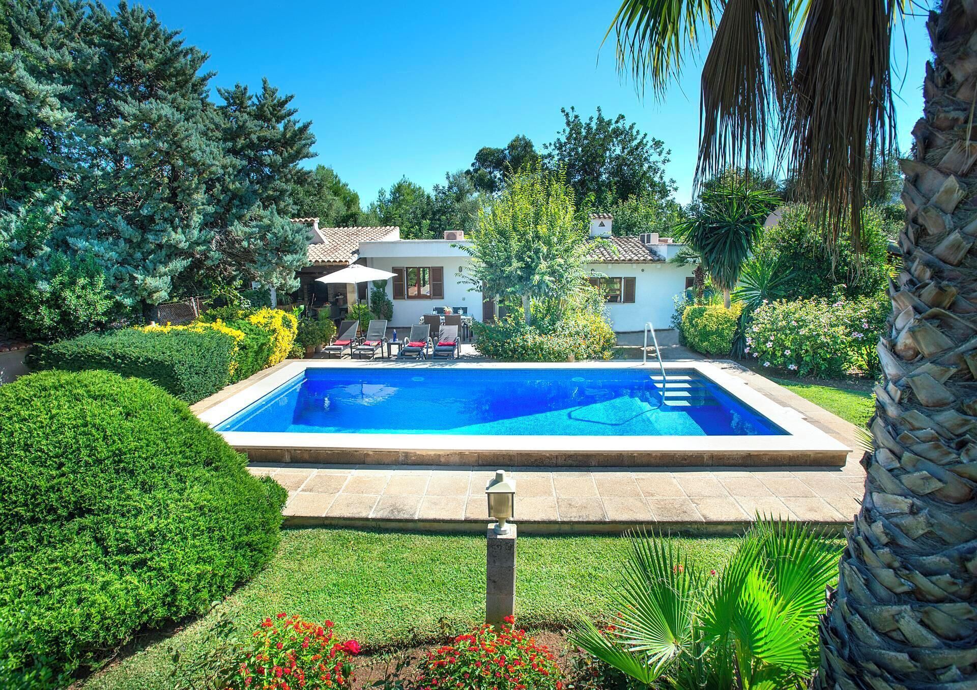 A rectangular swimming pool with a ladder, surrounded by well-maintained hedges and flowering plants.