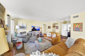 TV connectée, cheminée, livres