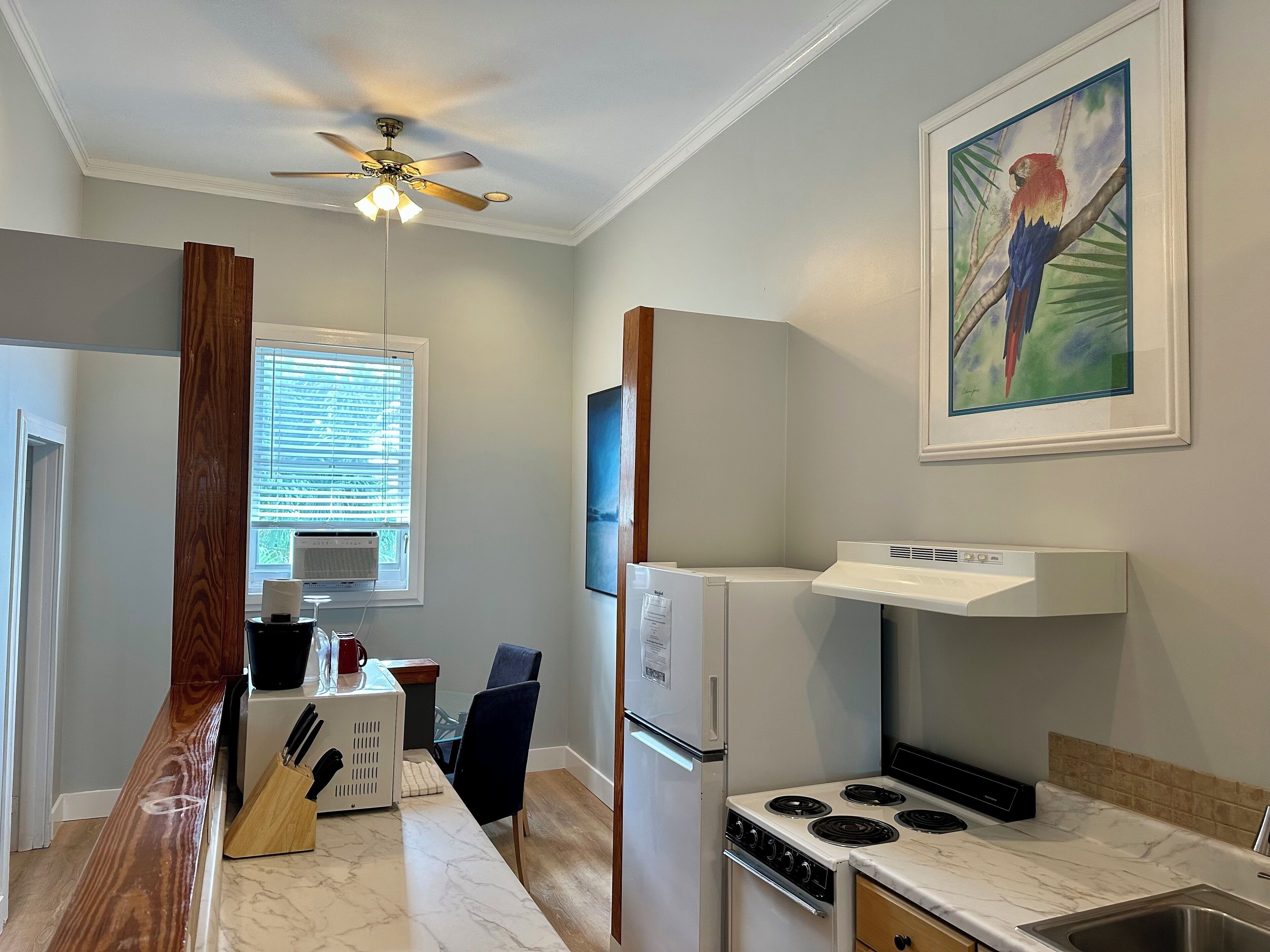 A kitchen with a white stove, a refrigerator, a ceiling fan, and a window with blinds.