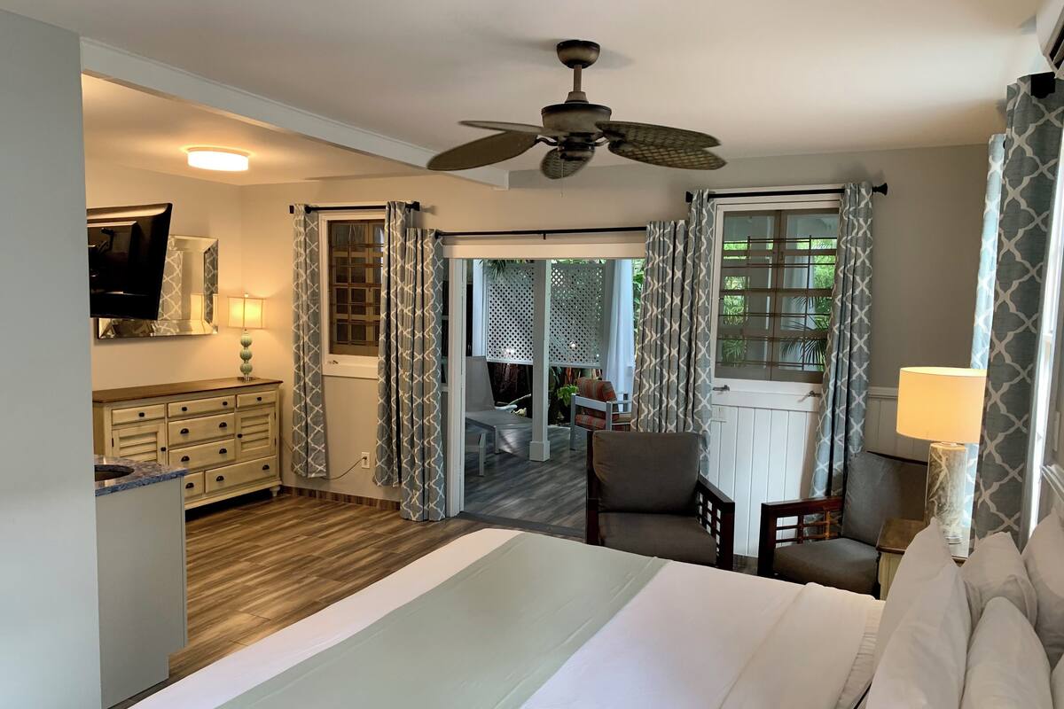 A hotel room with a bed, a desk, a chair, a TV, and a ceiling fan.