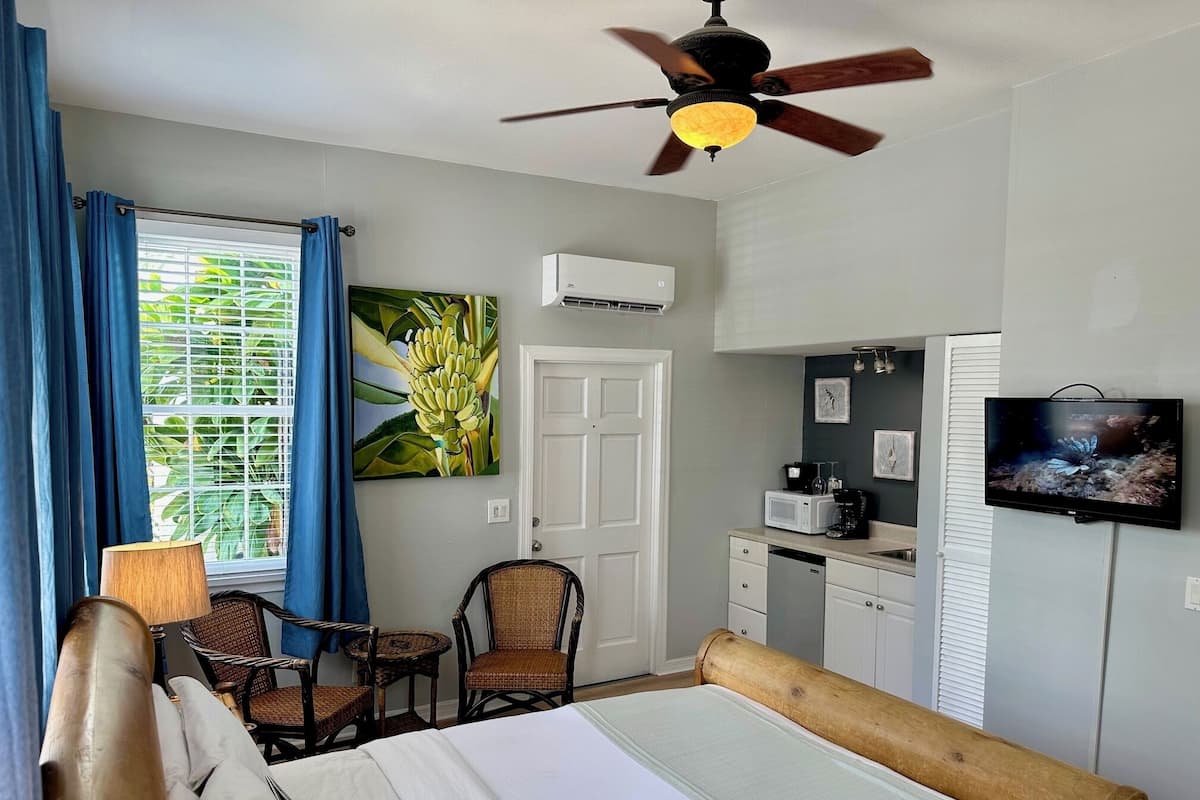 A hotel room with a bed, a ceiling fan, a window with curtains, a painting of bananas, a kitchenette, and a television.