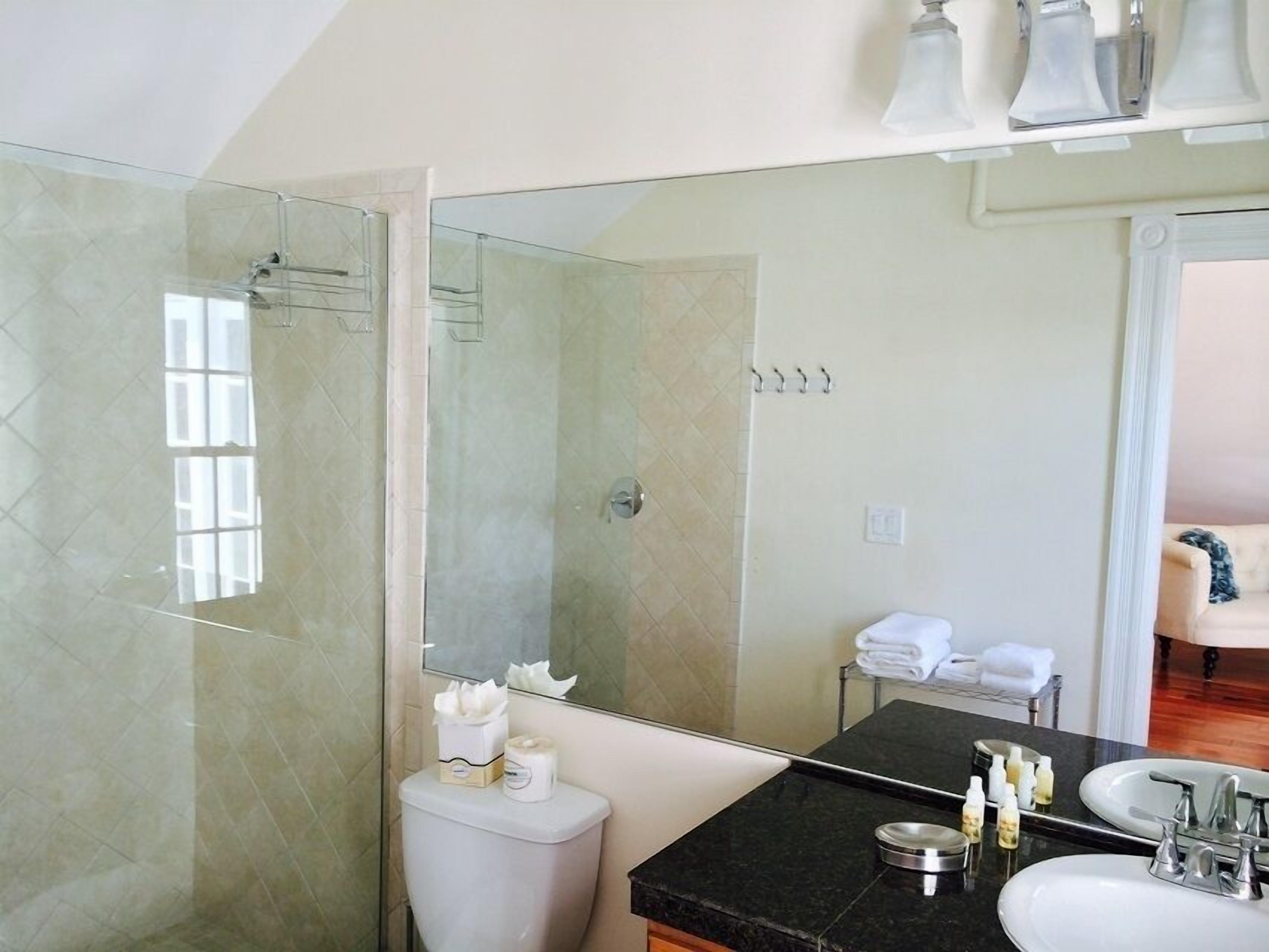 A modern bathroom with a large mirror, a toilet, a sink, and a shower area.