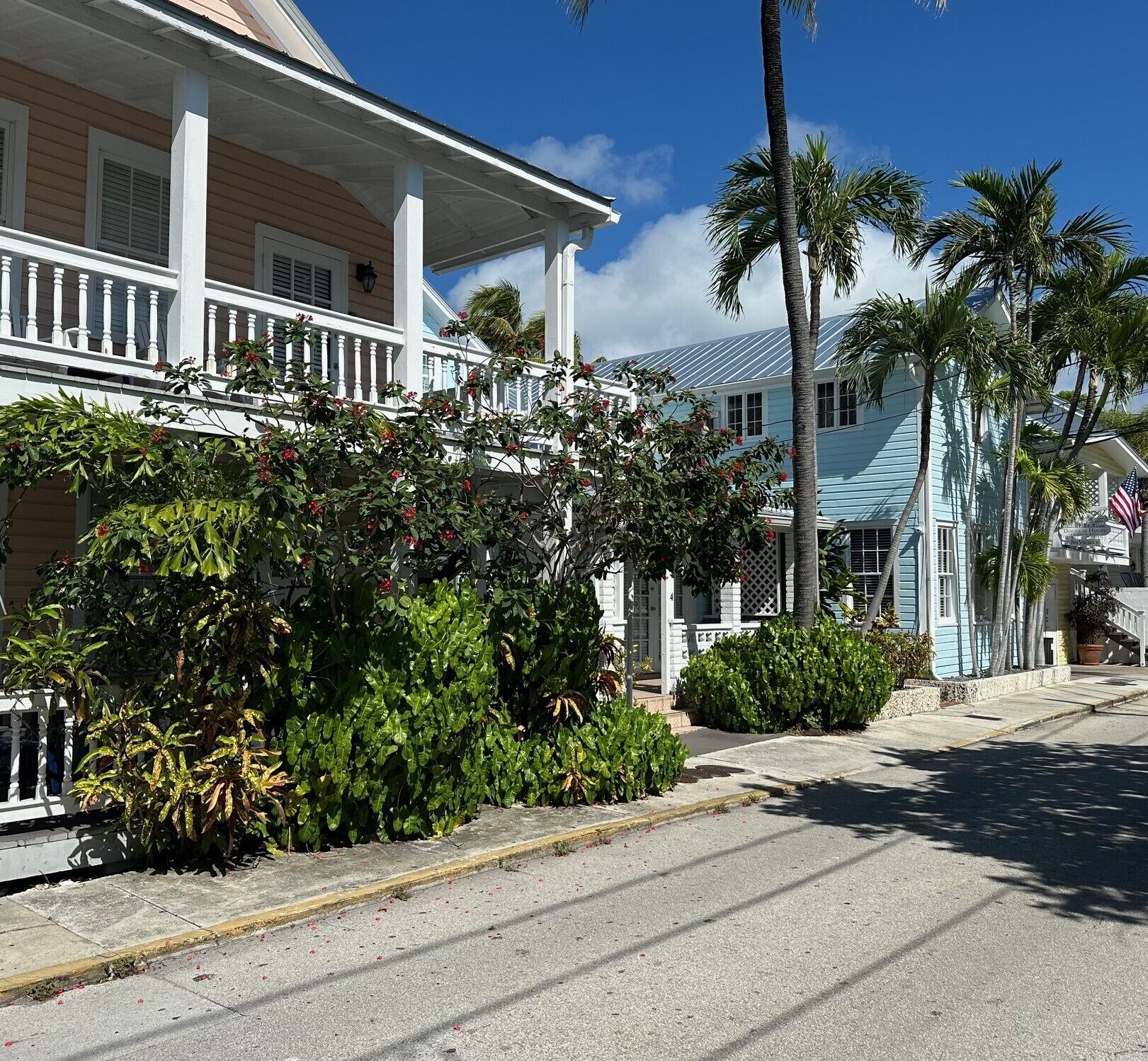 A coastal street with a row of houses, including a light blue building with a porch and an American flag.