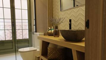 Hair dryer, slippers, towels, soap