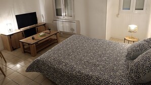 Une chambre à coucher avec un lit, une télévision, une petite table et une fenêtre avec des volets.