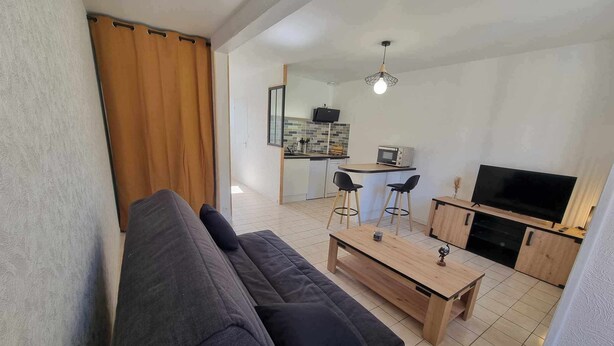 Un salon moderne avec un canapé foncé, une table basse en bois et un meuble pour la télévision.