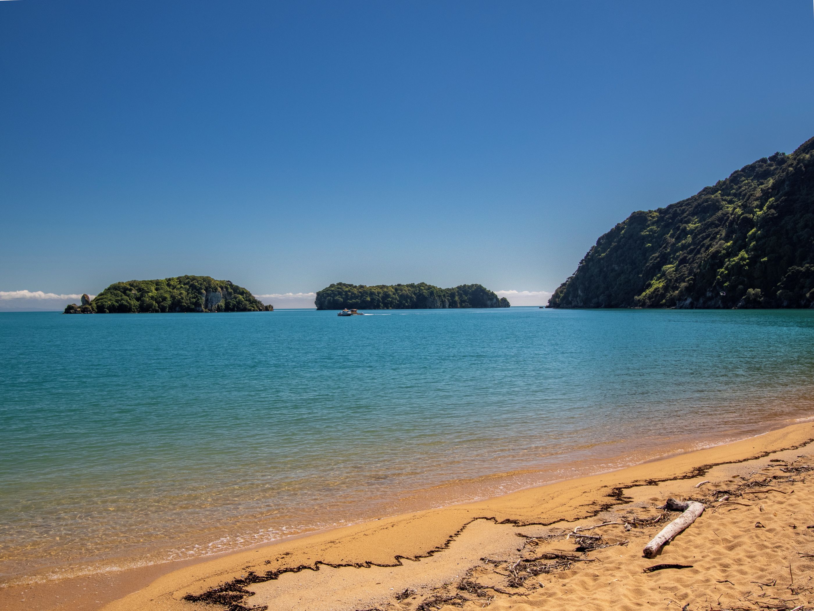 A beach with clear turquoise water, sandy shore, and lush green hills in the background.