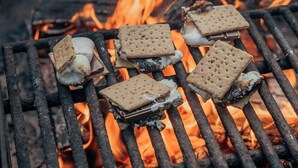 A grill with marshmallows and graham crackers being toasted over an open fire. - Postcard Cabins Ozark Highlands, Outdoor Collection by Marriott Bonvoy (Osceola)