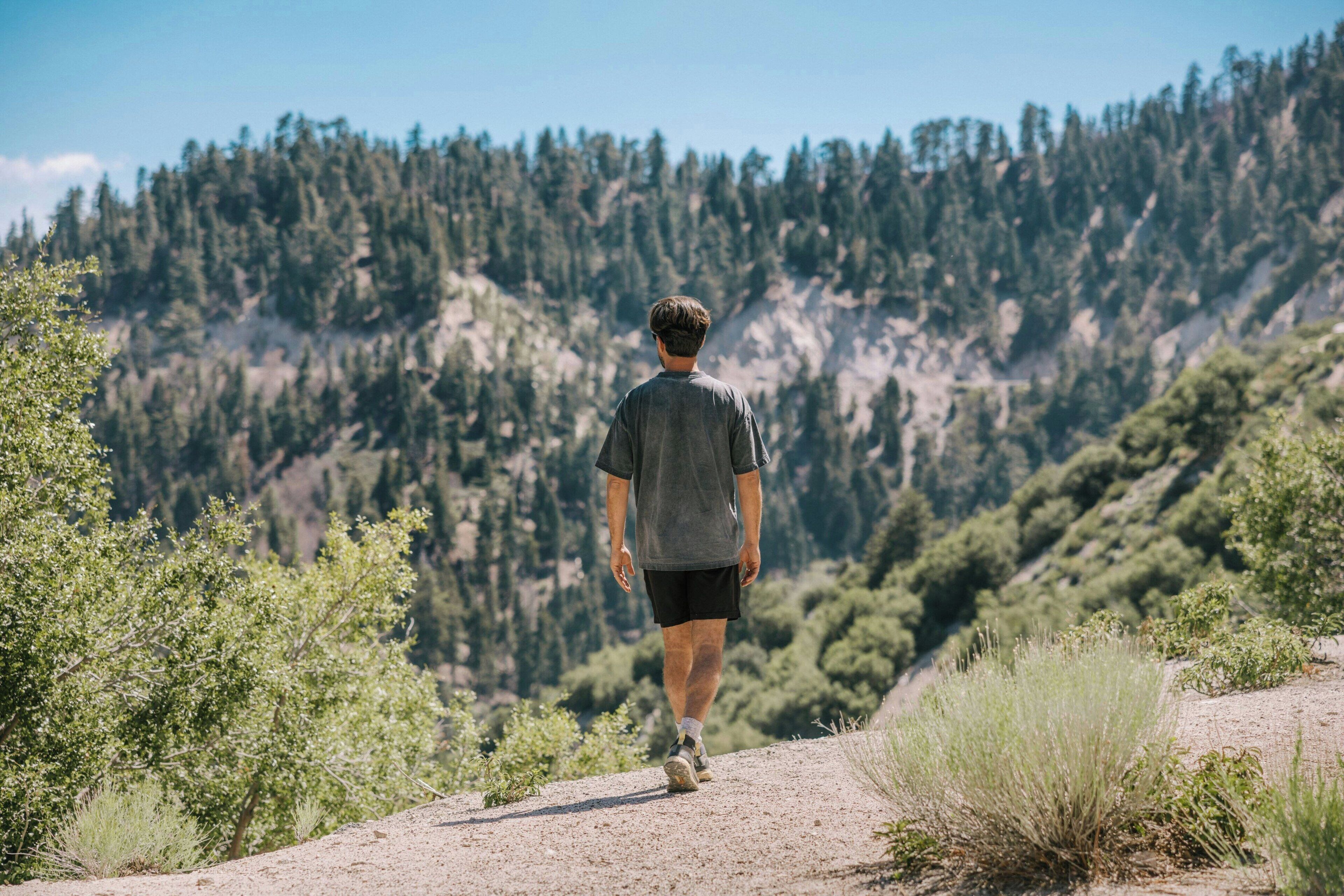 A person walking on a dirt path with a mountainous forest in the background.