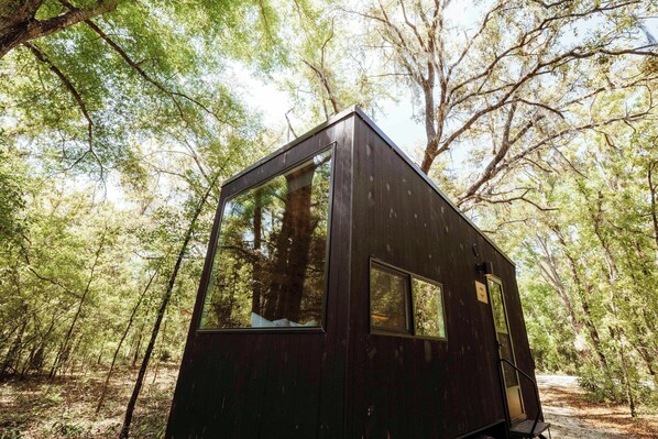 A small, dark-colored cabin with large windows, surrounded by a forest. - Postcard Cabins Big Bear, Outdoor Collection by Marriott Bonvoy (Running Springs)