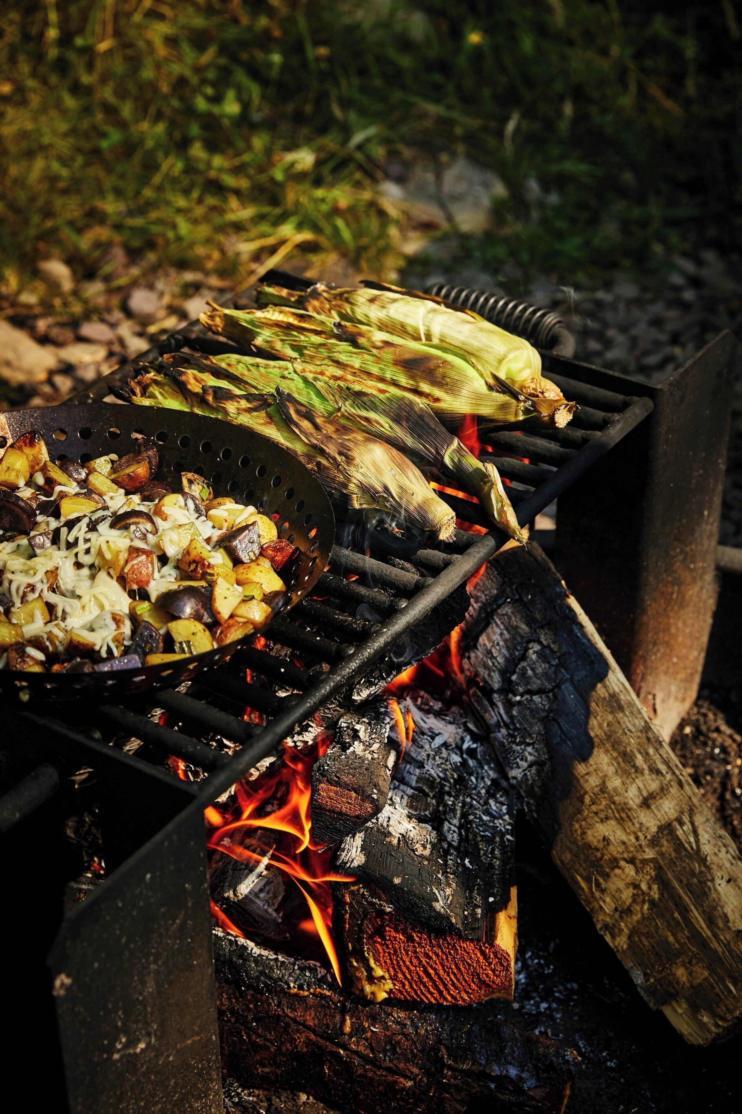 A grill with vegetables and corn on a fire.