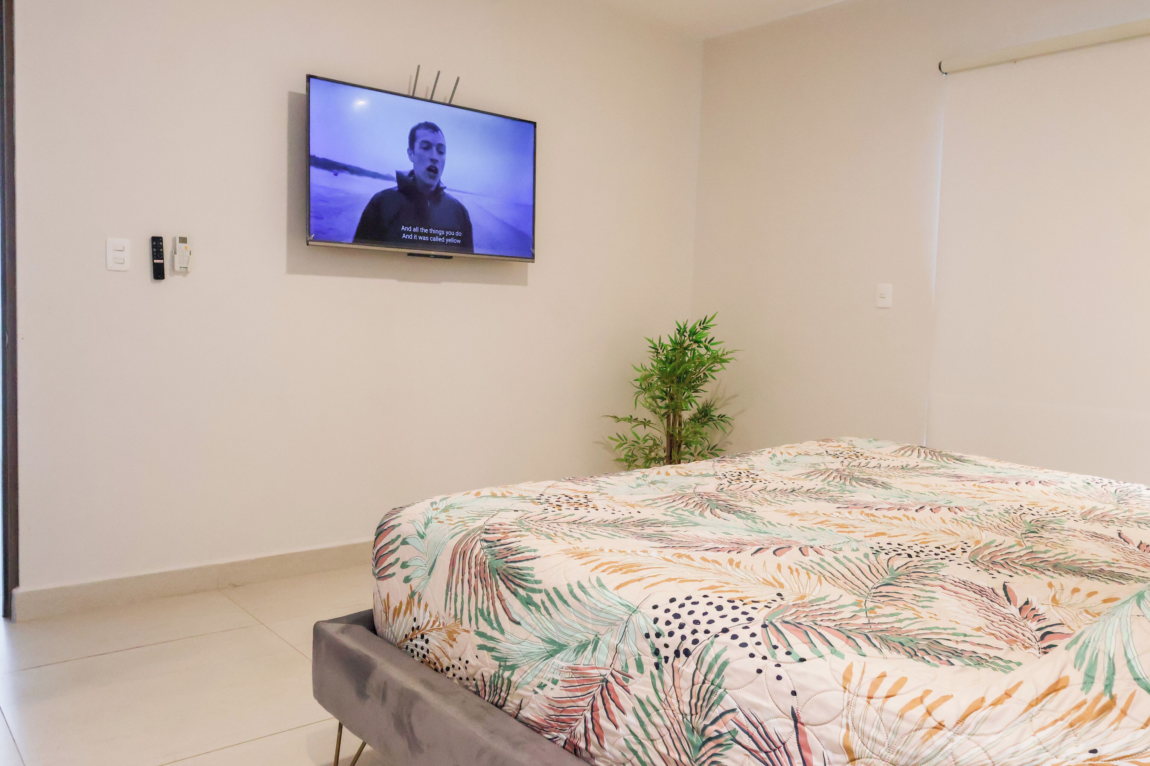 A bedroom with a bed, a television mounted on the wall, a small potted plant, and a window.