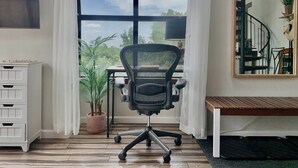A modern office space with a large window, a black office chair, a desk, a potted plant, and a white cabinet.