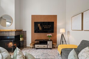 Una televisión, una chimenea, un reproductor de DVD