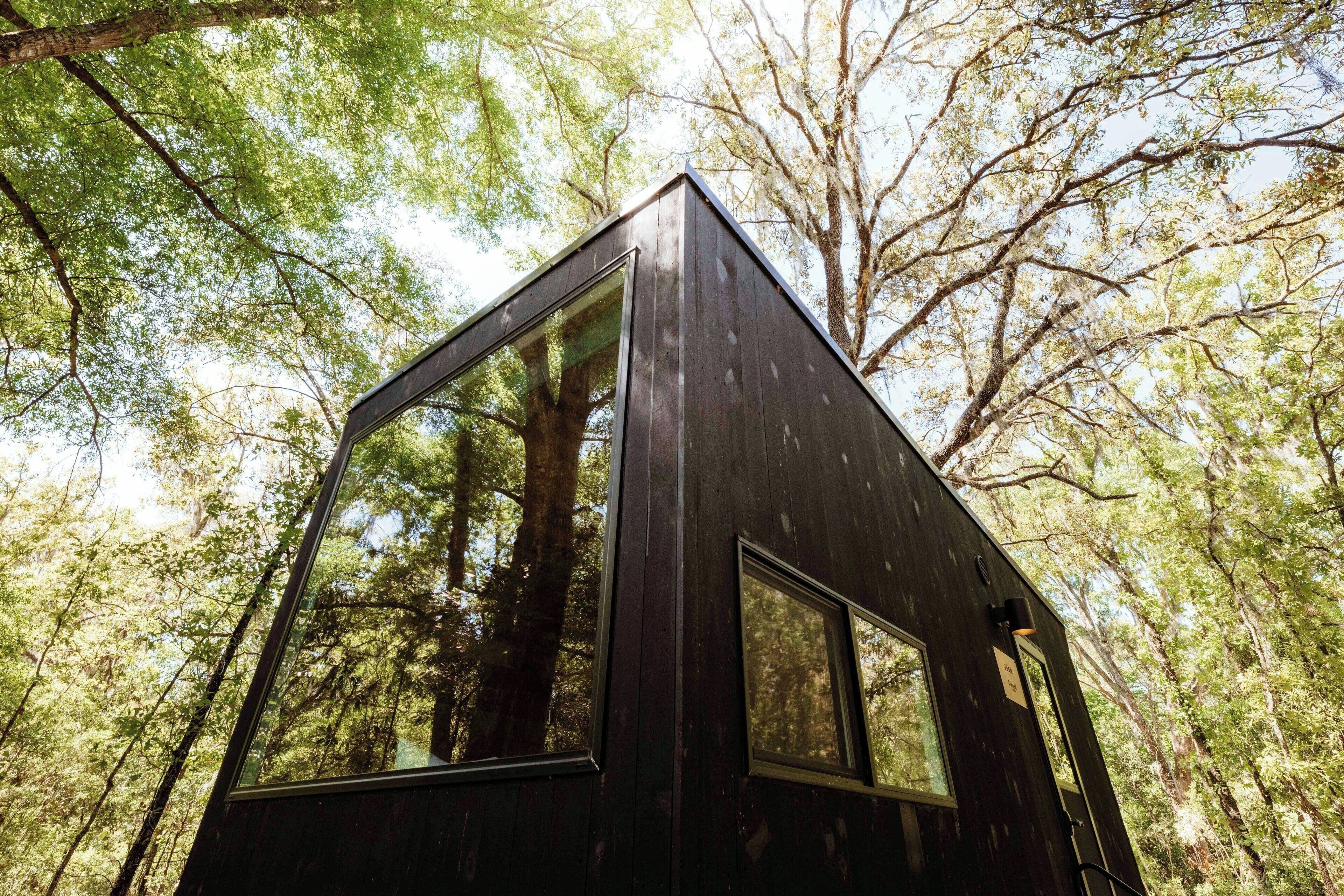 Une cabane dotée de grandes fenêtres et d’une façade sombre, entourée d’une forêt dense.