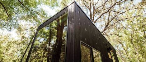 Une cabane dotée de grandes fenêtres et d’une façade sombre, entourée d’une forêt dense.