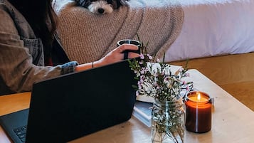 1 bedroom, desk, laptop workspace, bed sheets