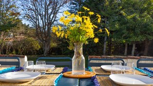 Ein Esstisch draußen mit einem Blumenstrauß aus gelben Blüten, klaren Gläsern und Tellern auf gewebten Tischsets.